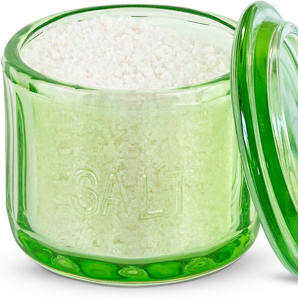 Green‎ Glass Salt Container with Lid Slat Box Kitchen Salt